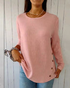 Dark pink long sleeve round neck ribbed knit top, front view