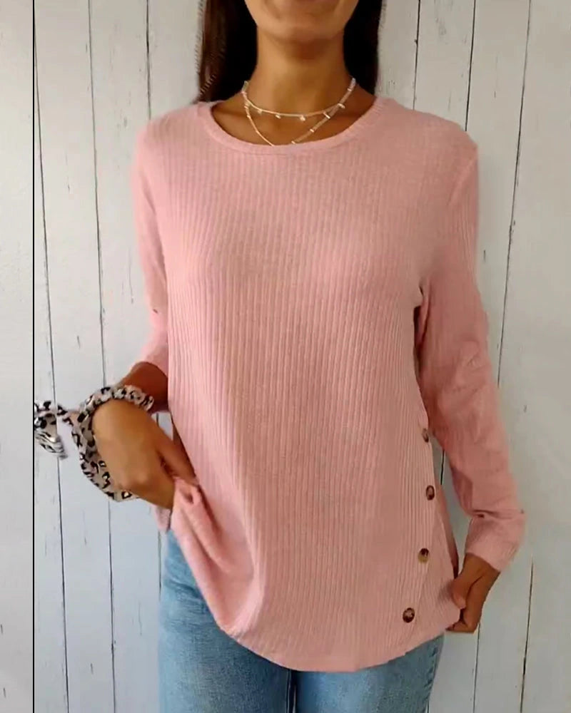 Dark pink long sleeve round neck ribbed knit top, front view