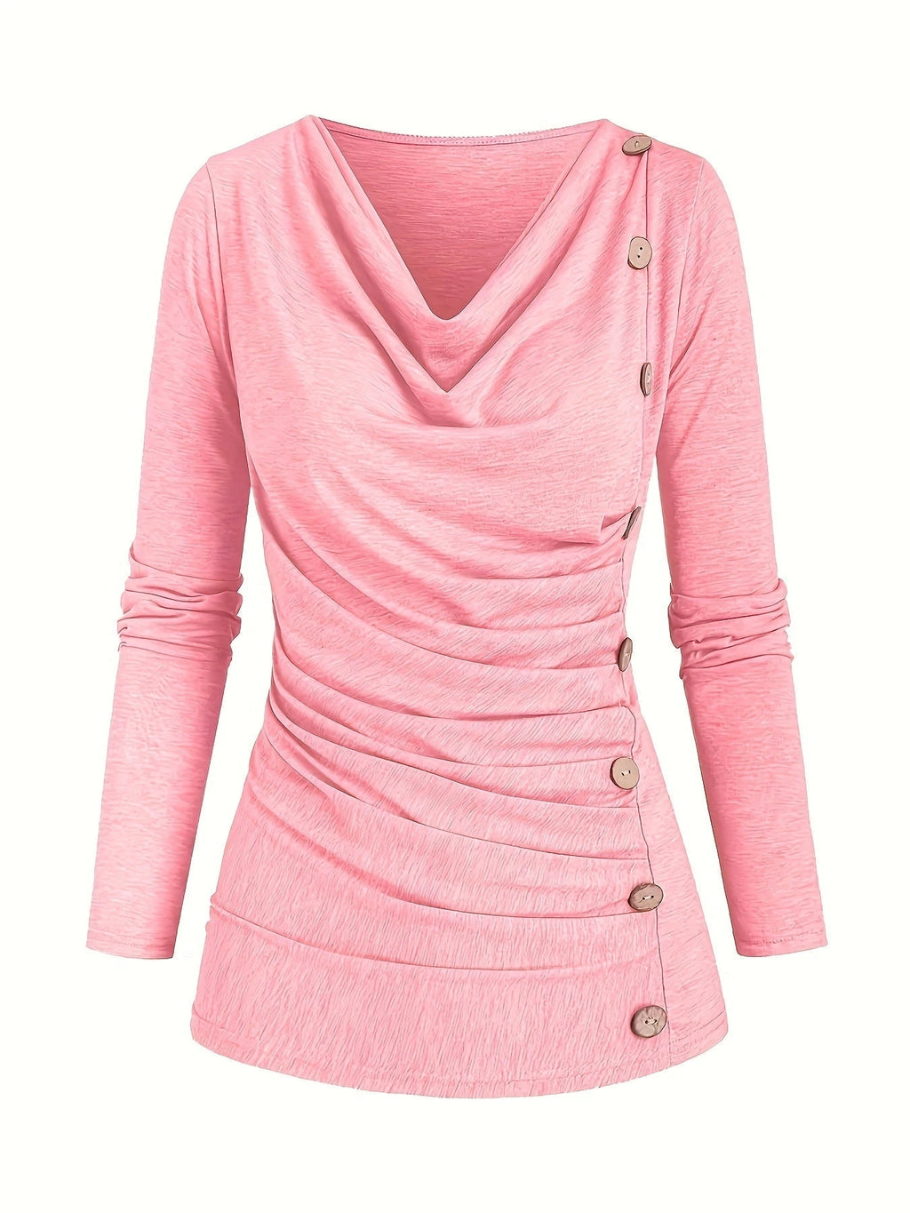 Dark pink draped cowl neck ruched top with side buttons, front view