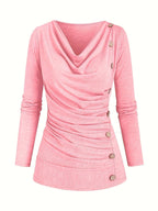 Dark pink draped cowl neck ruched top with side buttons, front view