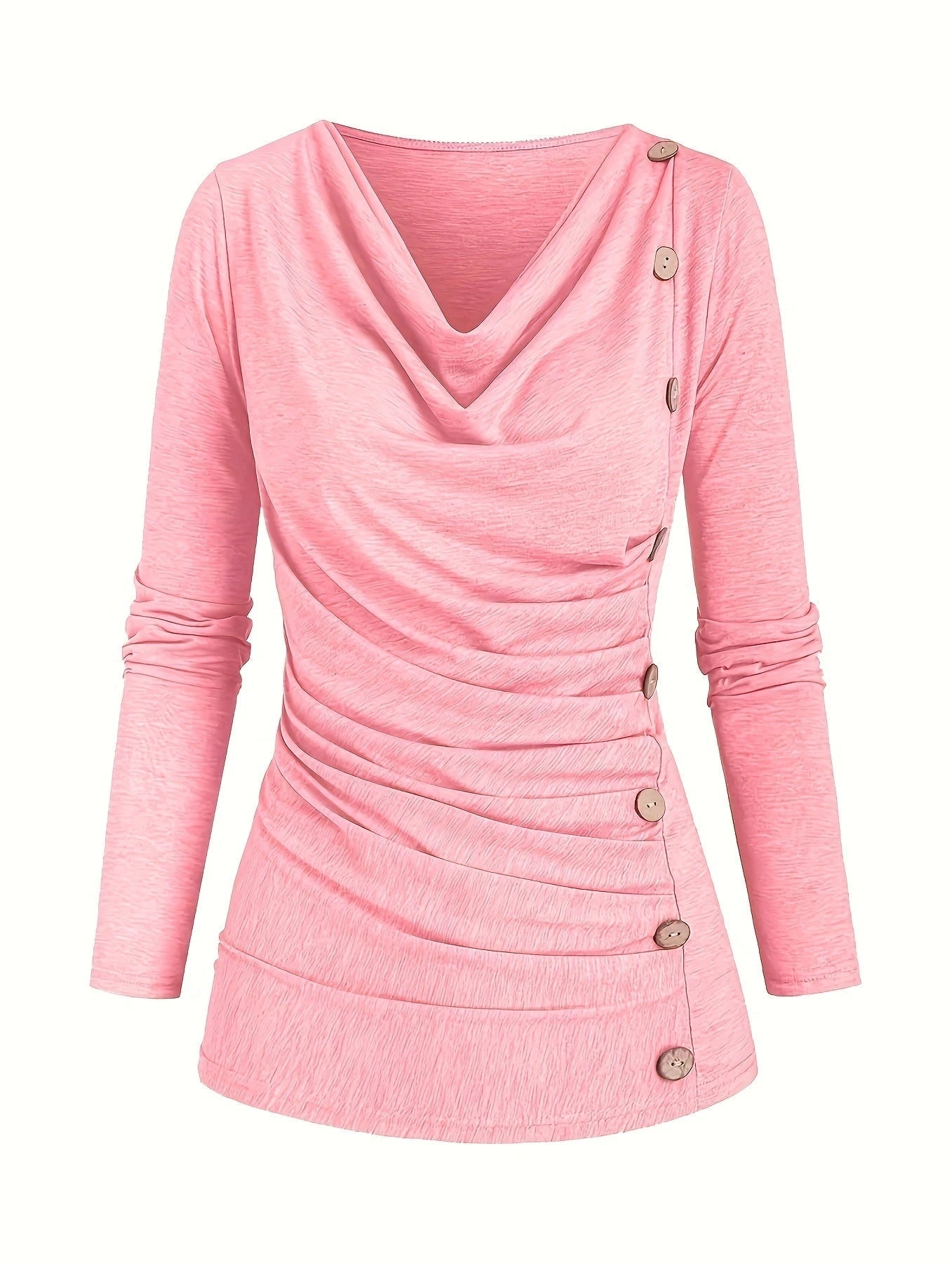 Dark pink draped cowl neck ruched top with side buttons, front view
