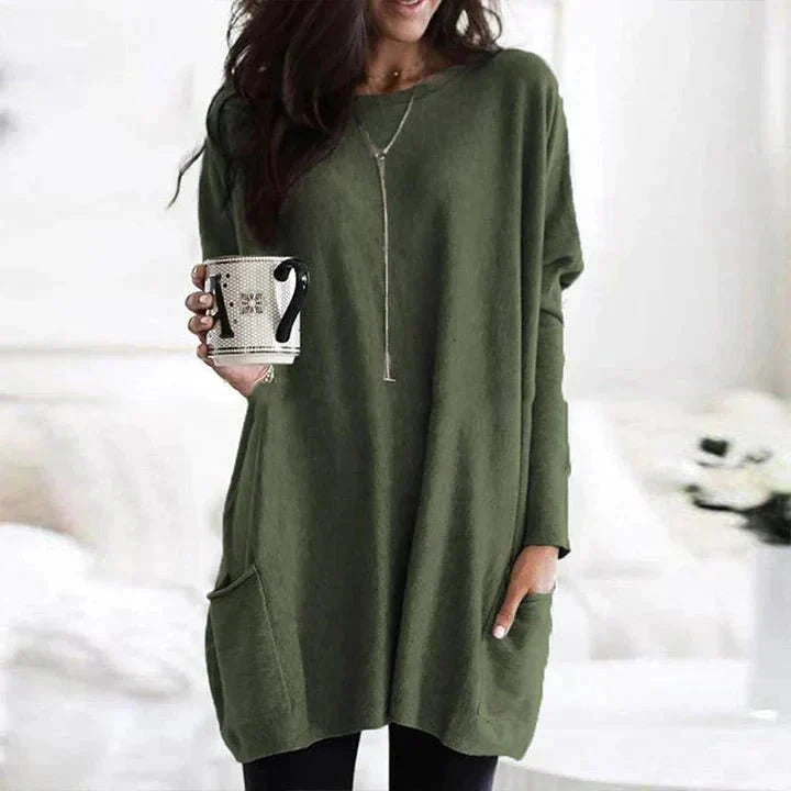Green long sleeve oversized pocket top on model