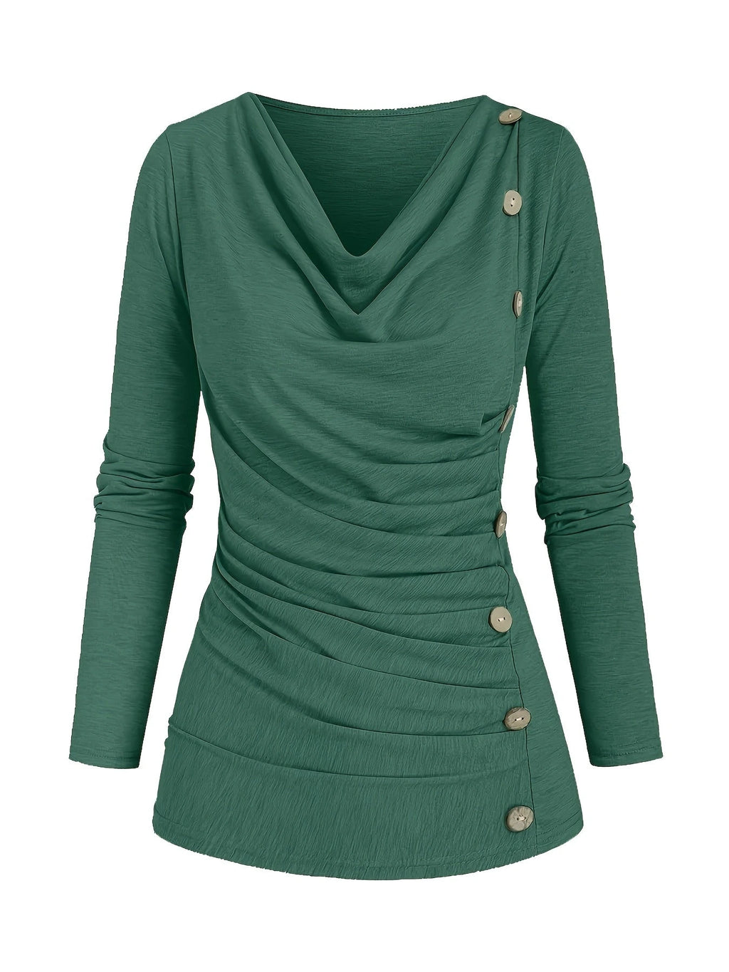 Green draped cowl neck ruched top with side buttons, front view