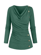 Green draped cowl neck ruched top with side buttons, front view