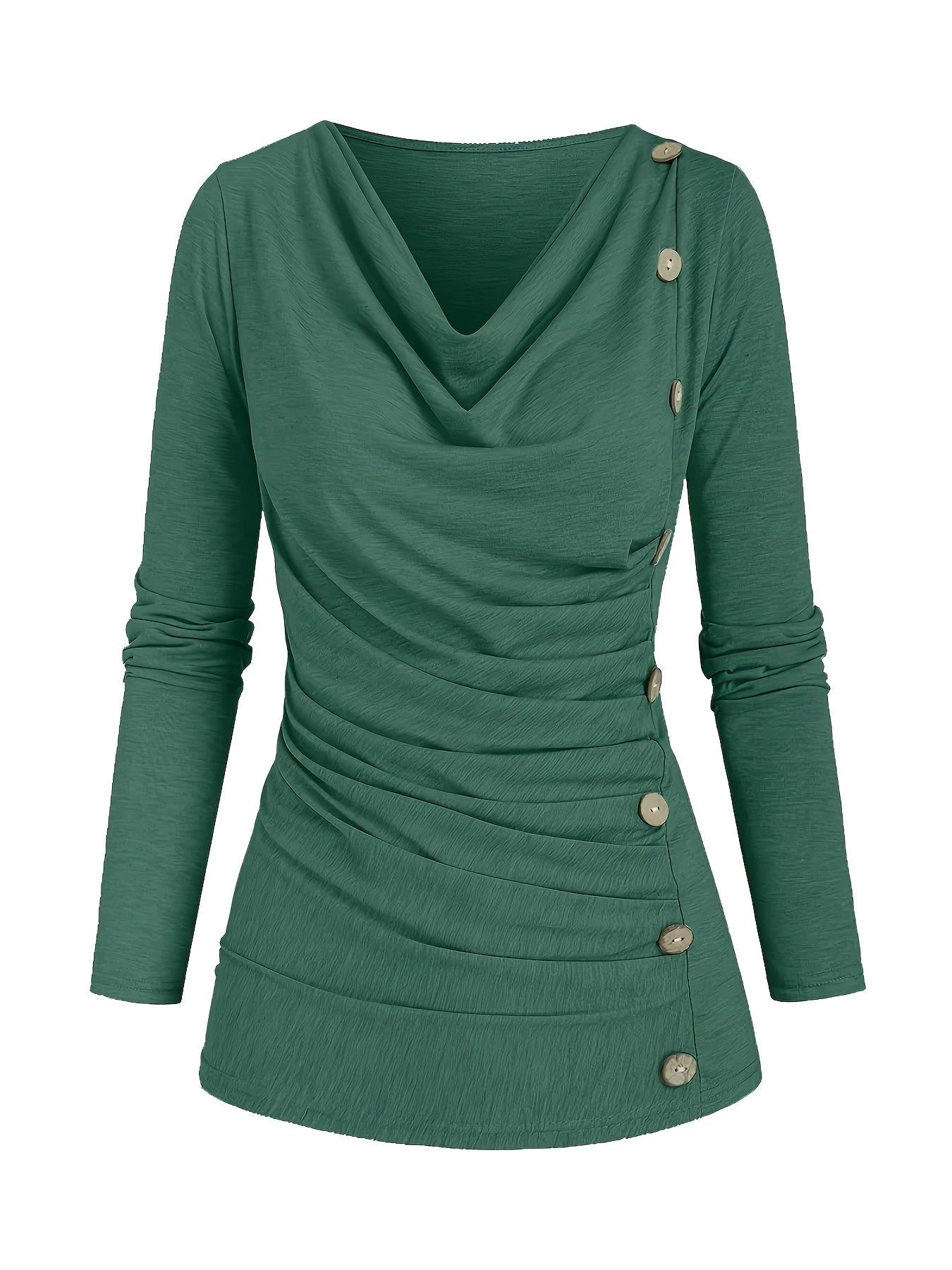 Green draped cowl neck ruched top with side buttons, front view