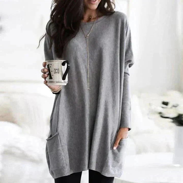 Grey long sleeve oversized pocket top on model