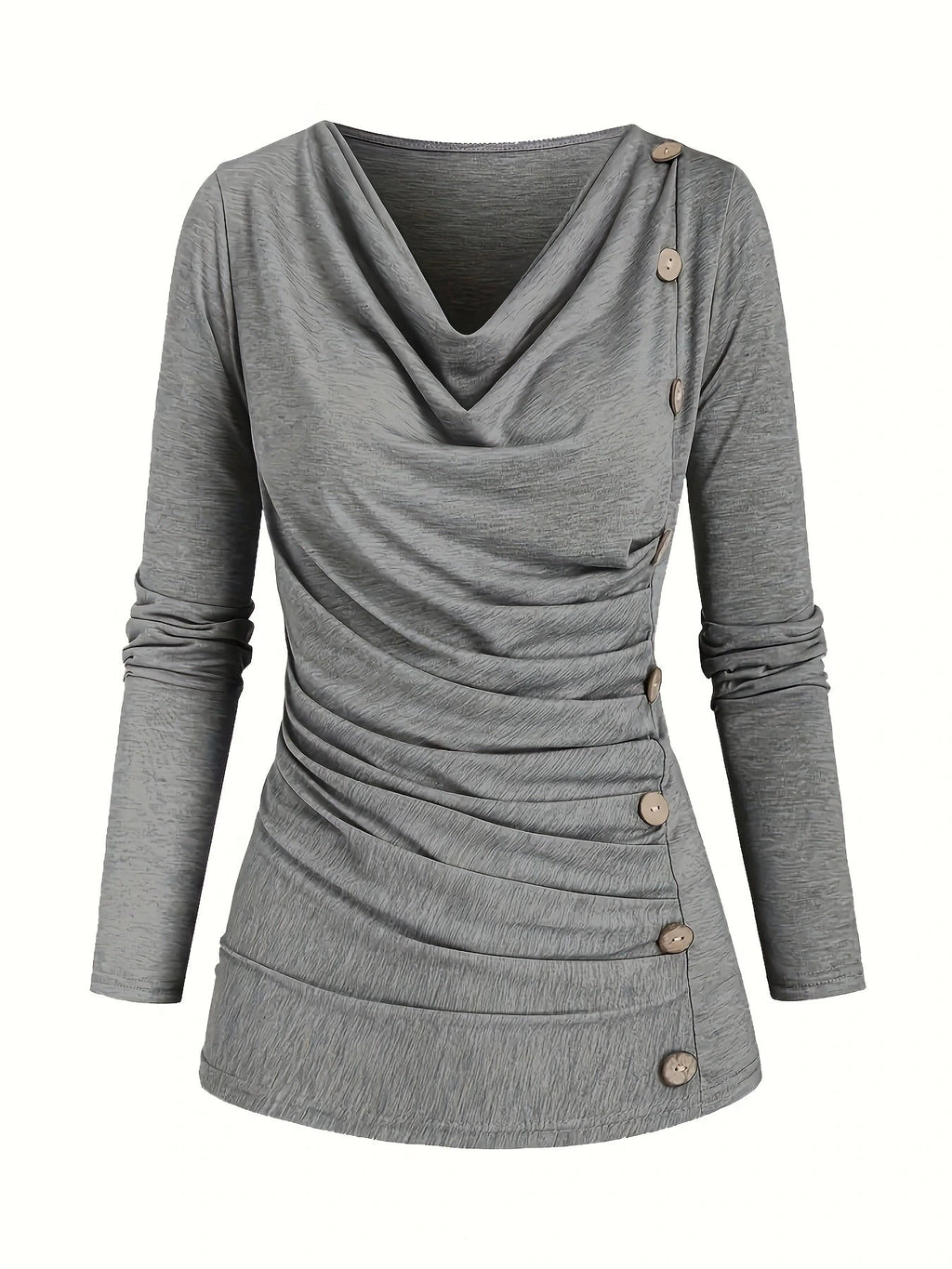 Grey draped cowl neck ruched top with side buttons, front view