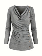 Grey draped cowl neck ruched top with side buttons, front view