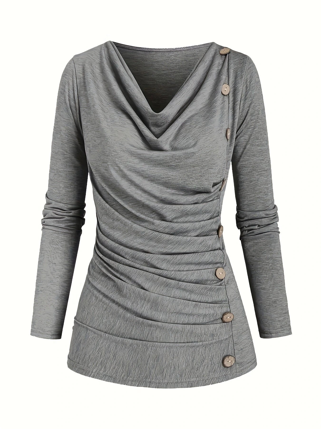 Grey draped cowl neck ruched top with side buttons, front view