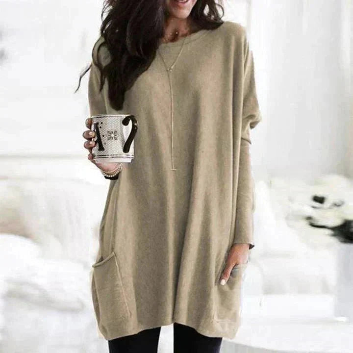 Khaki long sleeve oversized pocket top on model