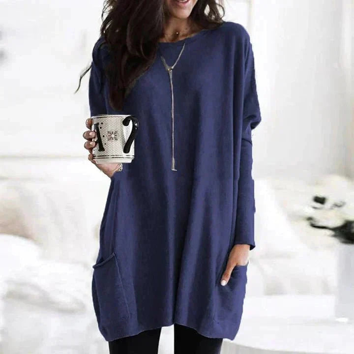 Navy long sleeve oversized pocket top on model