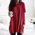 Red long sleeve oversized pocket top on model
