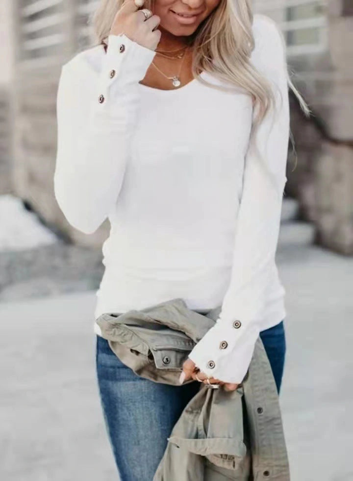 White long sleeve button-cuff top on model