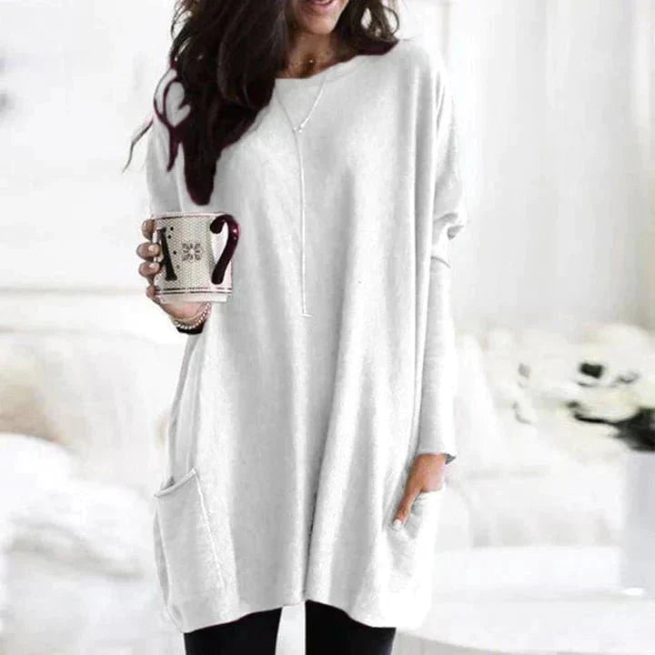 White long sleeve oversized pocket top on model