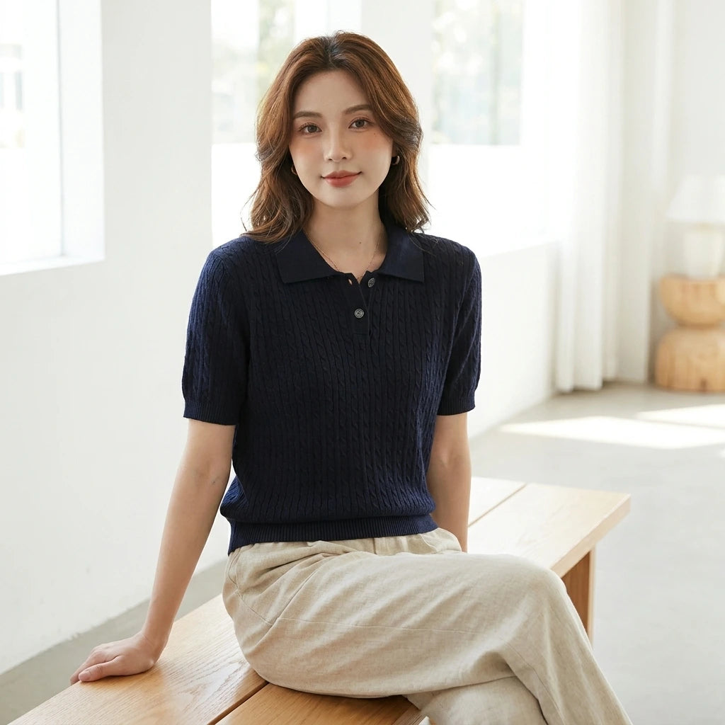 Driftly women's navy cotton polo t-shirt, styled with beige linen trousers, seated in a bright interior.
