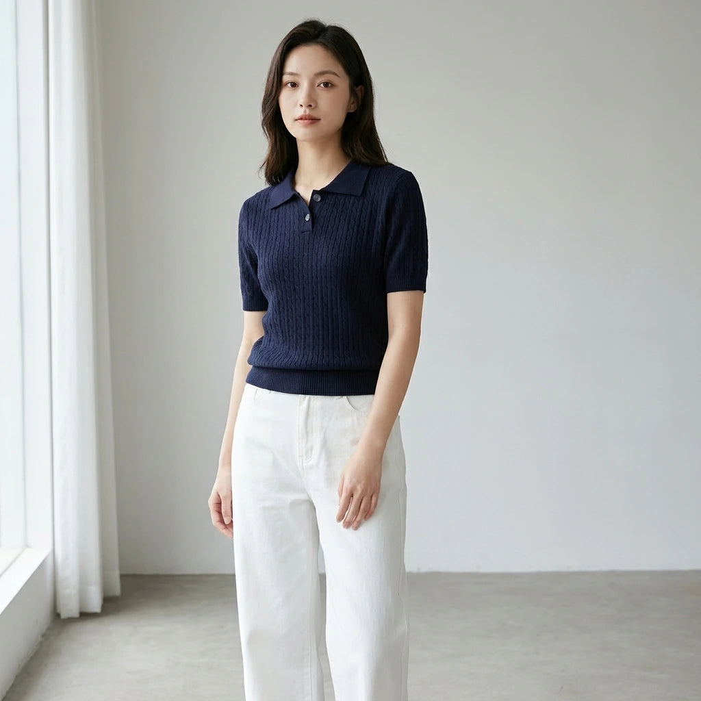 Driftly women's navy cotton polo t-shirt, styled with white wide-leg trousers in a minimalist studio setting.