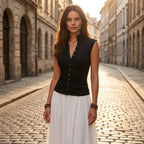 Driftly women's black ribbed ruched button front top, styled with a white midi skirt on a European street at golden hour.
