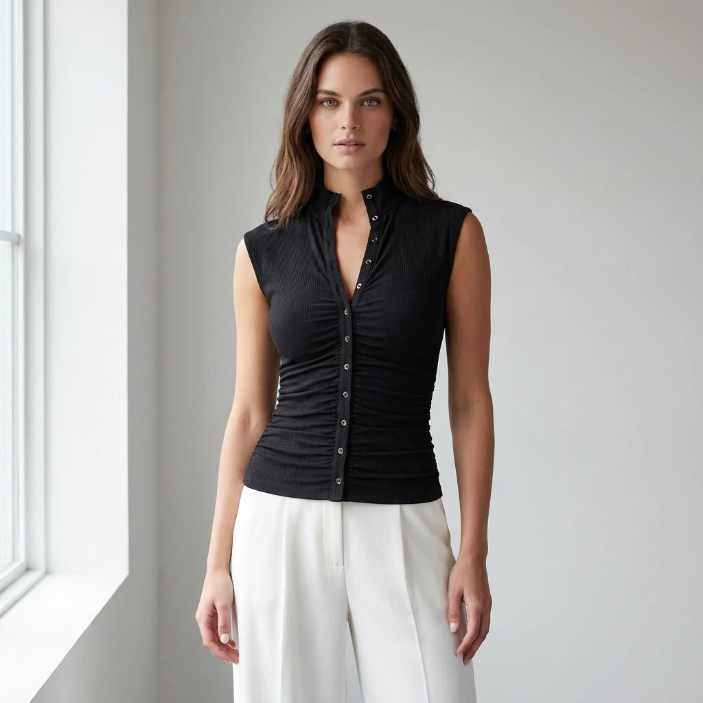Driftly women's black ribbed ruched button front top, styled with white wide-leg trousers in a minimalist studio setting.