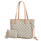 White geometric pattern canvas tote bag with wristlet pouch, three-quarter angle studio shot