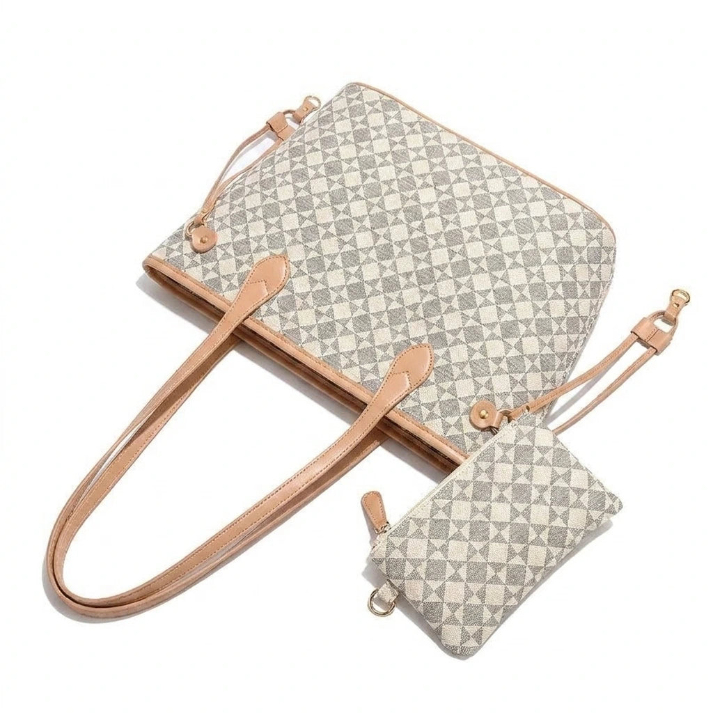White geometric pattern canvas tote bag with wristlet pouch, front view studio shot