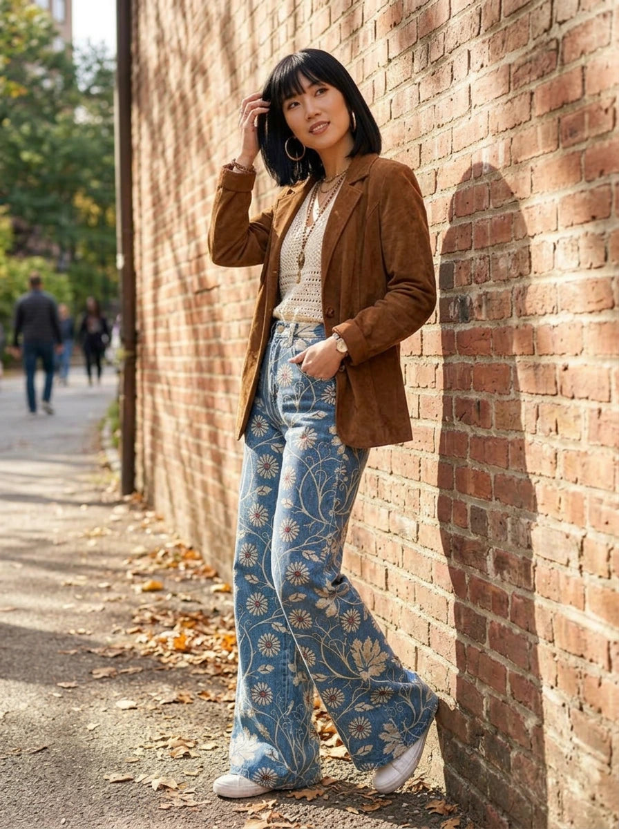 Woman wearing blue bohemian print wide-leg trousers, different pose against a brick wall