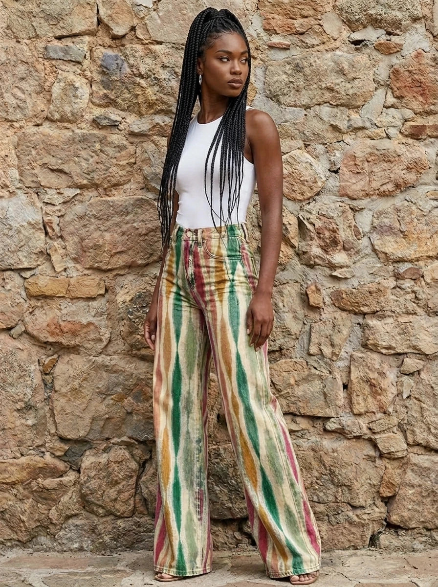 Woman in multicolor striped bohemian wide-leg trousers, different angle against a stone wall