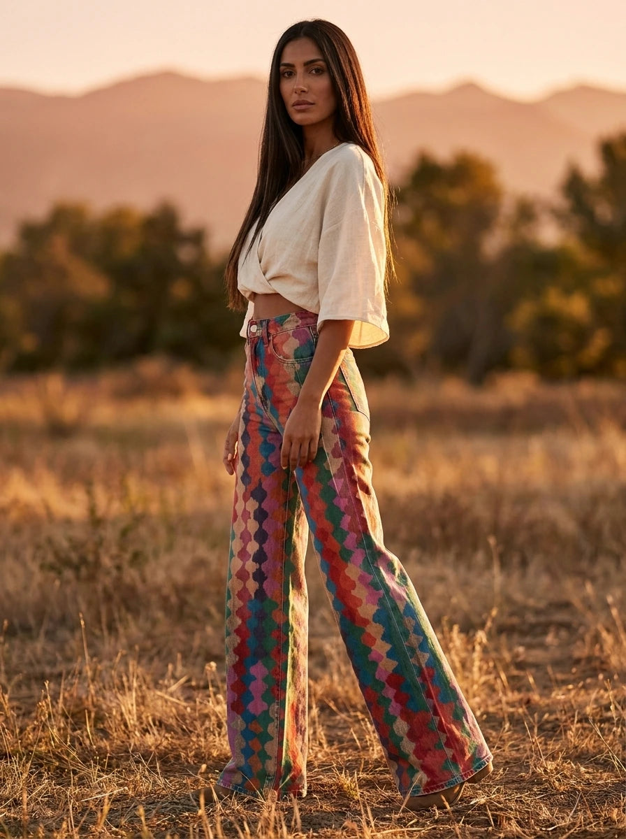 Woman wearing multicolor bohemian chic high-waisted wide-leg trousers, outdoor golden hour field setting