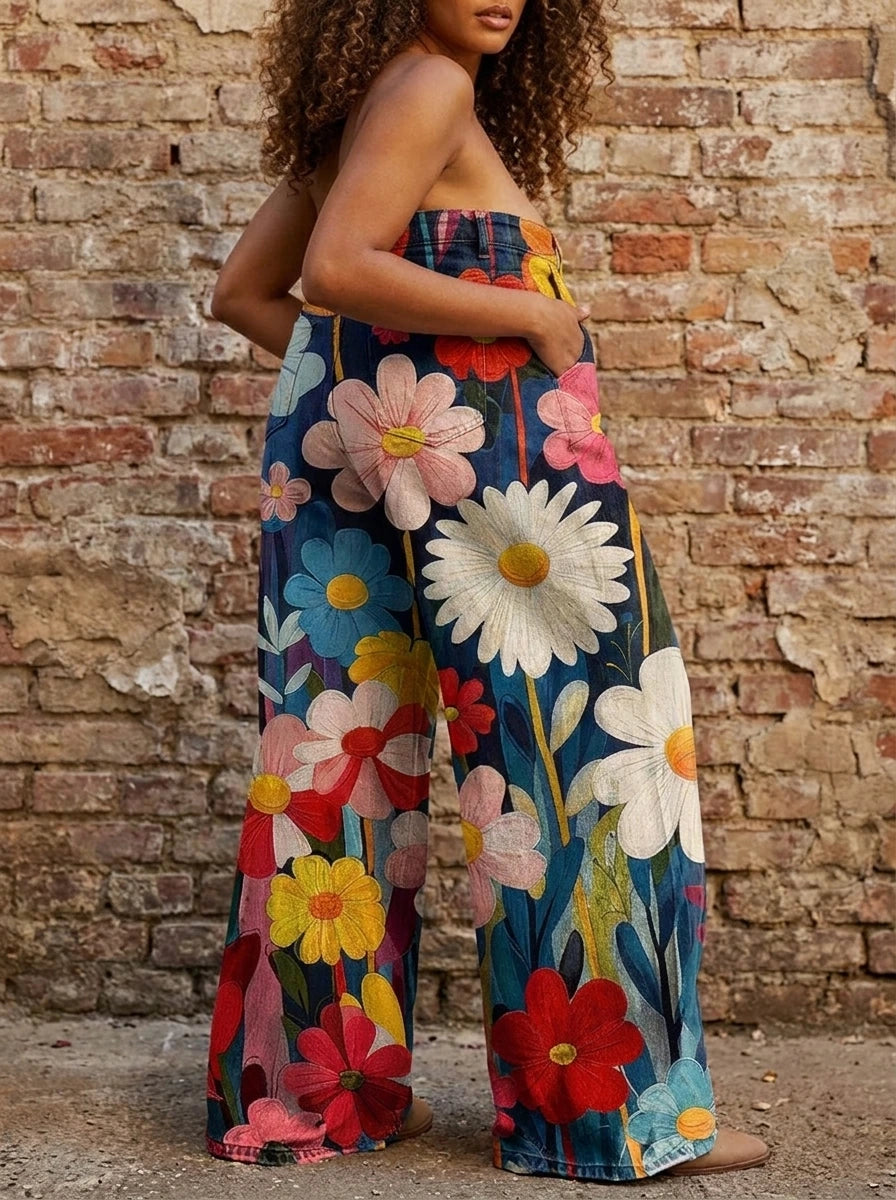 Woman wearing multicolored floral print wide leg trousers against a brick wall