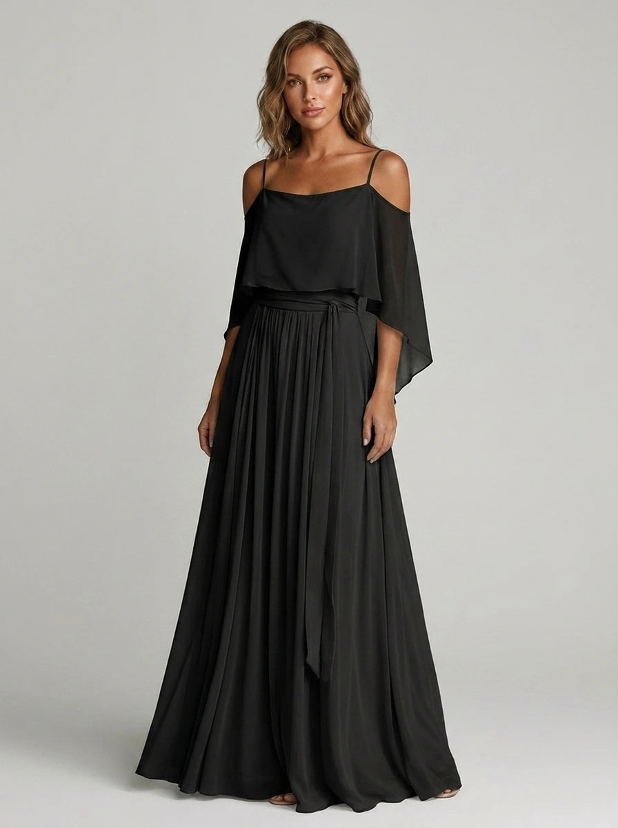 Woman wearing a black off-shoulder lightweight two-piece set in a studio setting