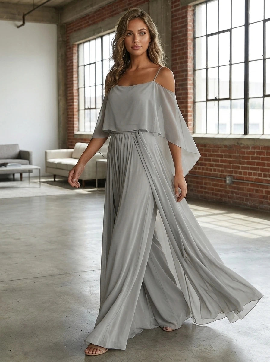 Woman wearing a taupe off-shoulder lightweight two-piece set in a bright loft interior
