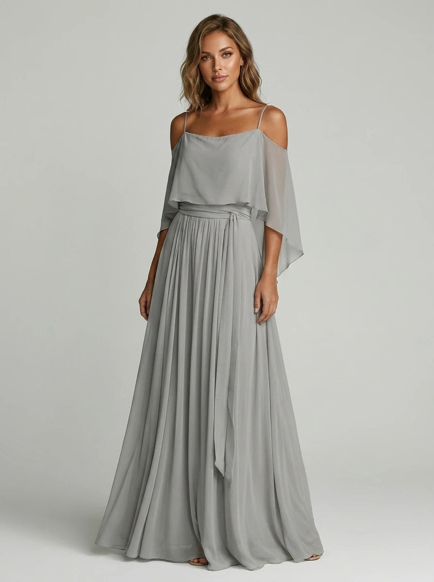 Woman wearing a taupe off-shoulder lightweight two-piece set in a studio setting