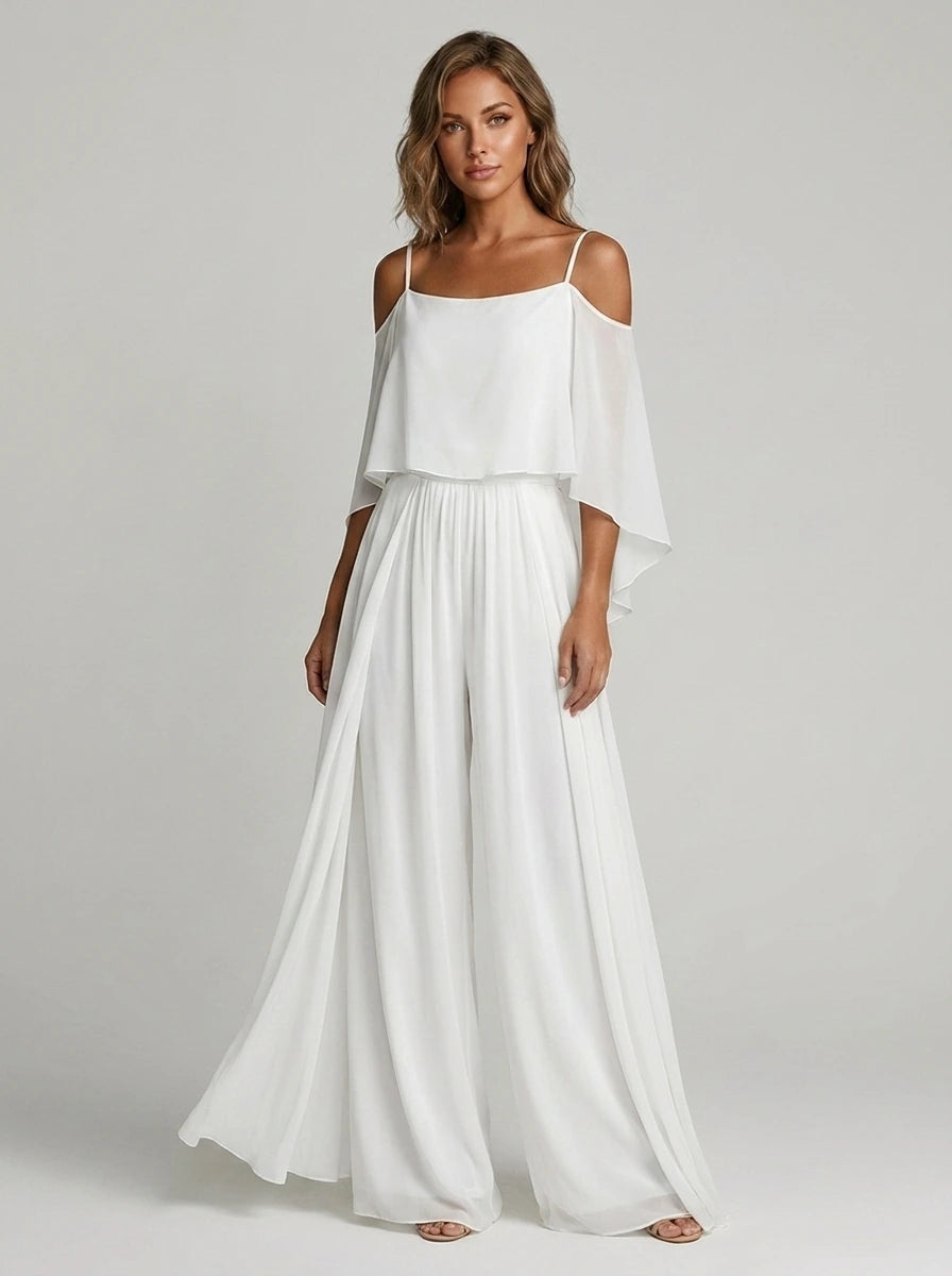 Woman wearing a white off-shoulder lightweight two-piece set in a studio setting