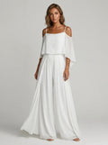 Woman wearing a white off-shoulder lightweight two-piece set in a studio setting