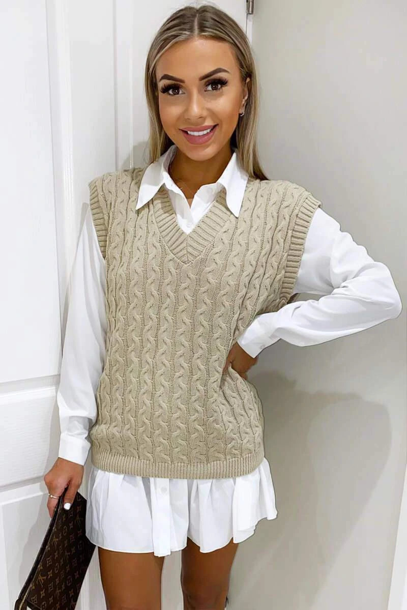 Driftly cable knit vest and shirt two-piece set in beige, front view