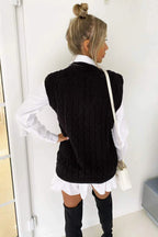 Driftly cable knit vest and shirt two-piece set in black, back view