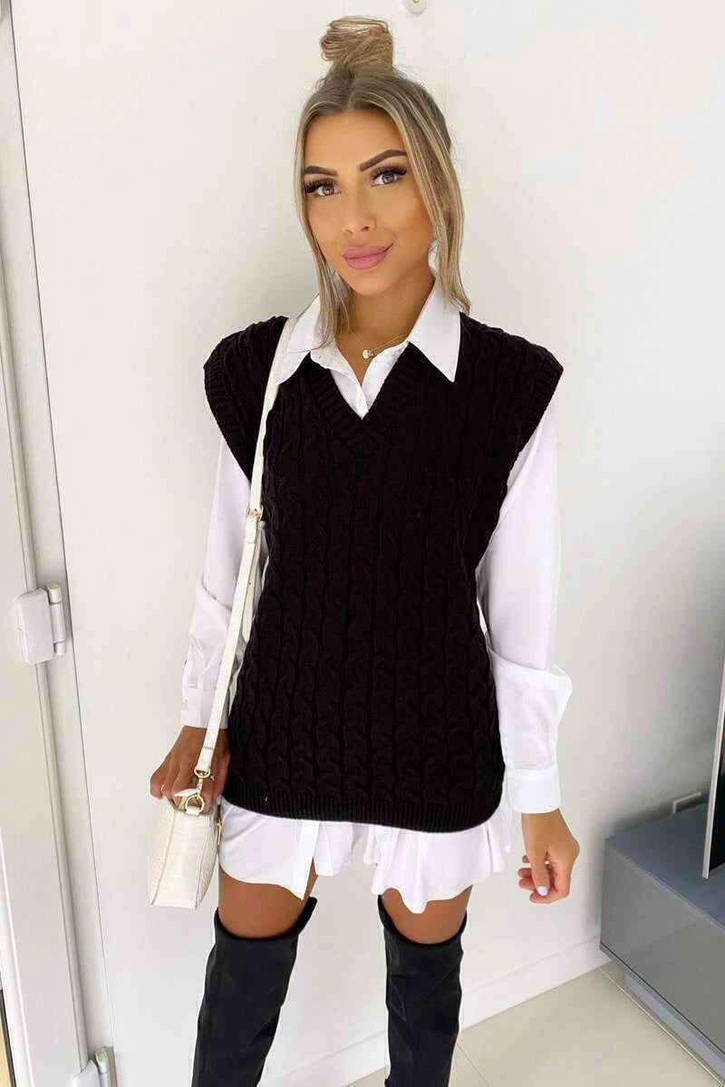 Driftly cable knit vest and shirt two-piece set in black, front view