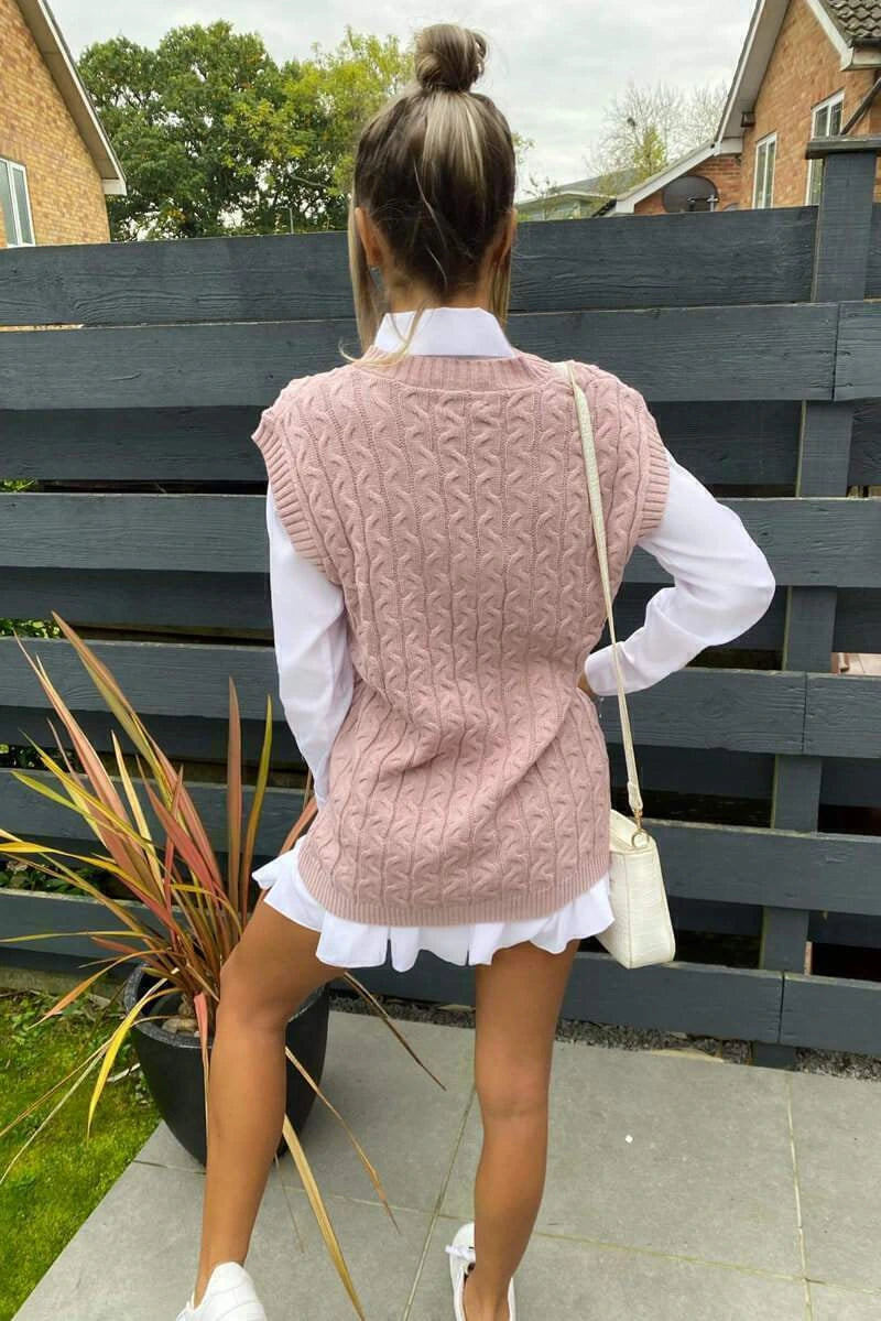 Driftly cable knit vest and shirt two-piece set in pink, back view