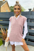 Driftly cable knit vest and shirt two-piece set in pink, front view