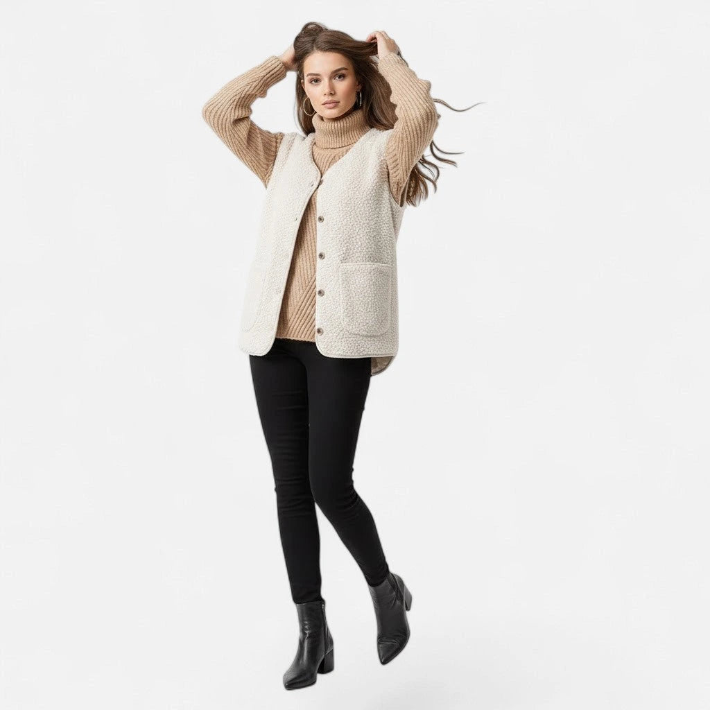 Woman wearing a beige plush sherpa vest, lifestyle shot