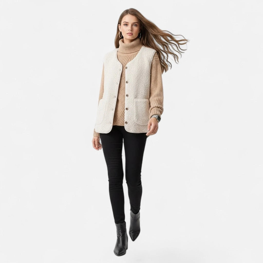 Woman wearing a beige plush sherpa vest over a sweater