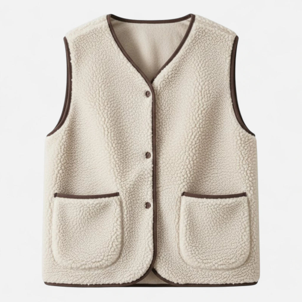 Beige plush sherpa vest flat lay studio shot