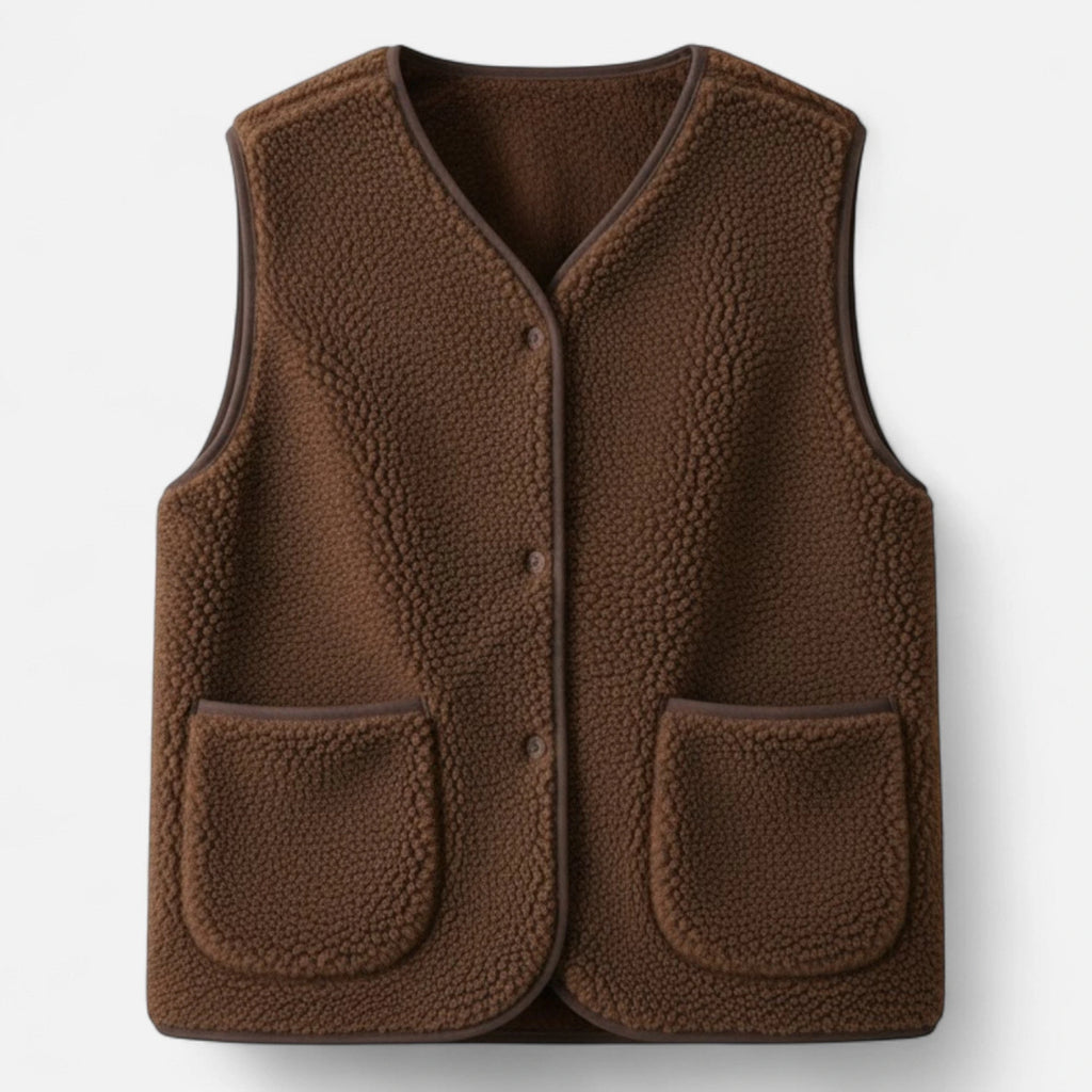 Dark coffee brown plush sherpa vest flat lay studio shot