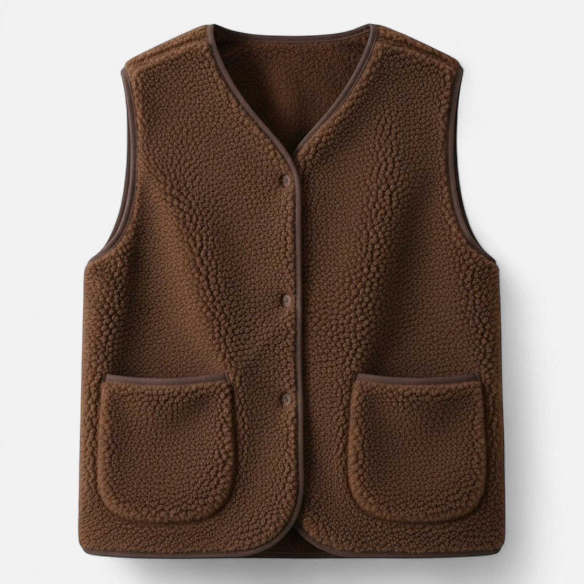 Dark coffee brown plush sherpa vest flat lay studio shot