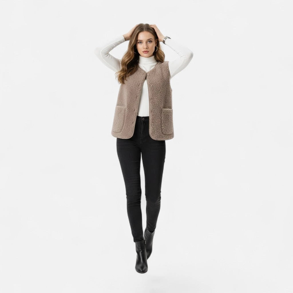 Woman wearing a light coffee taupe plush sherpa vest, lifestyle shot