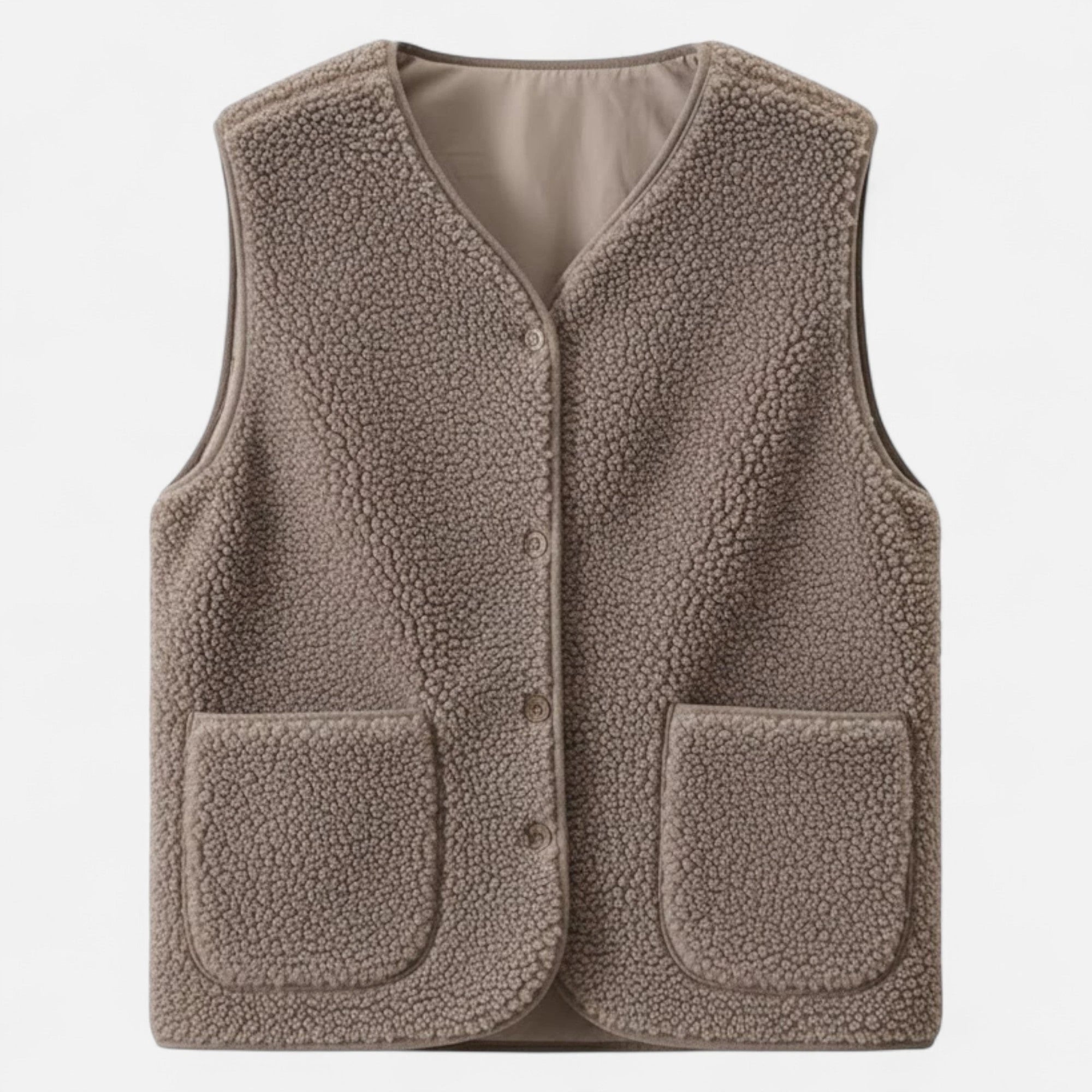 Light coffee taupe plush sherpa vest flat lay studio shot