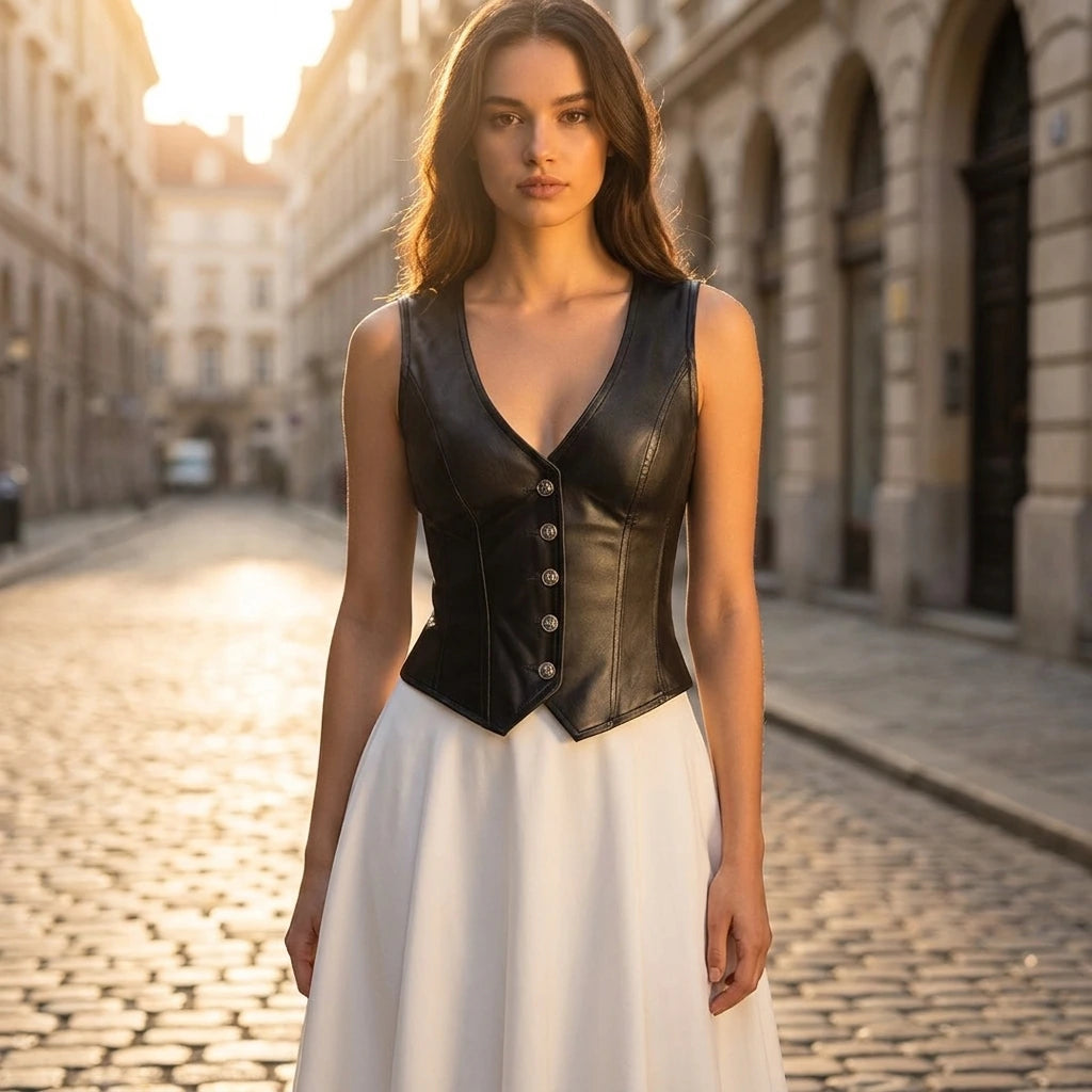 Driftly women's black faux leather V-neck vest, styled with a white midi skirt on a European street at golden hour.