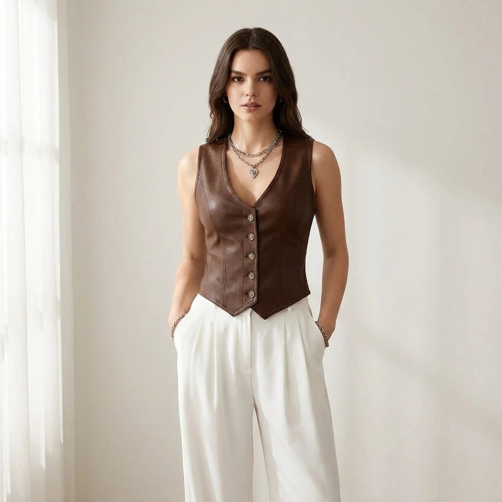 Driftly women's brown faux leather V-neck vest, styled with white wide-leg trousers in a minimalist studio setting.