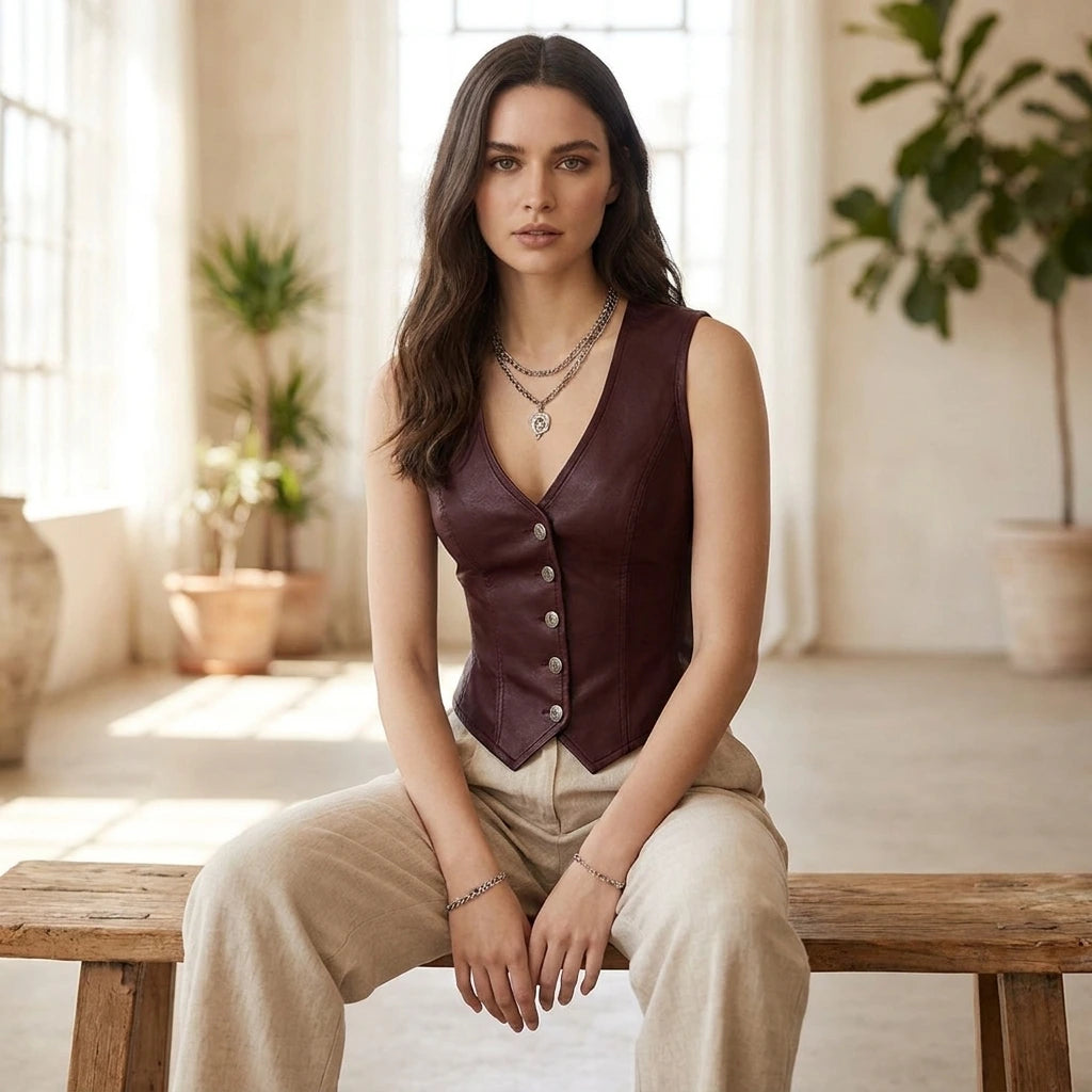 Driftly women's burgundy faux leather V-neck vest, styled with beige linen trousers, seated in a bright interior.