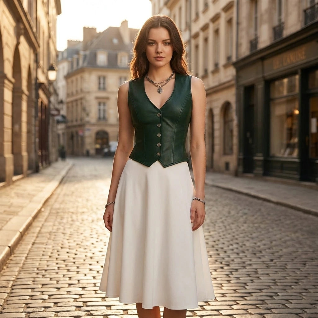 Driftly women's green faux leather V-neck vest, styled with a white midi skirt on a European street at golden hour.