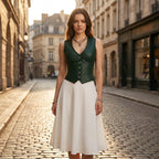 Driftly women's green faux leather V-neck vest, styled with a white midi skirt on a European street at golden hour.